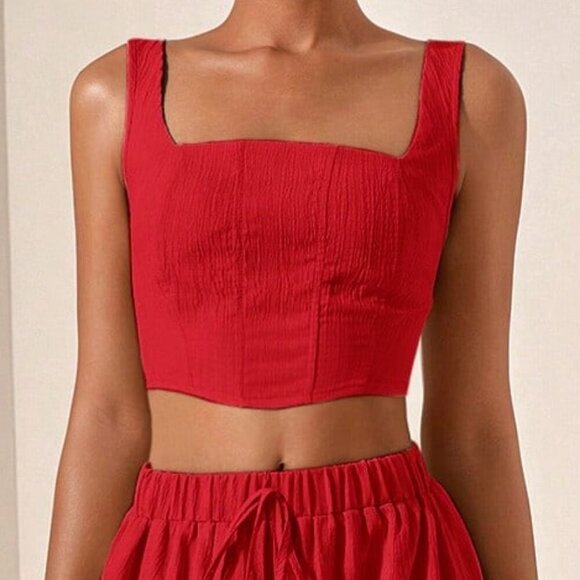 Red womens crop top & flowy wide legged pants textured fabric coord set - Picture 6 of 8
